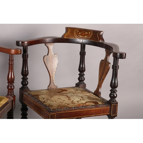 420 - A PAIR OF EDWARD VII CHILDREN'S MAHOGANY AND SATINWOOD INLAID CORNER CHAIRS with ivorine stringing, ... 