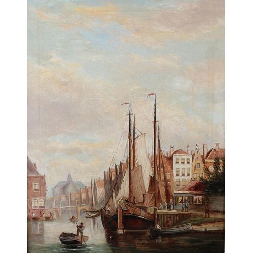 294 - AFTER J F HULK (1829-1911) Dutch town scenes, a pair, fishing boats moored beside a jetty and street... 