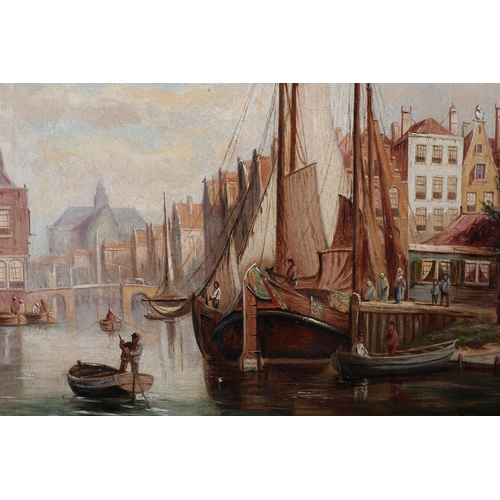 294 - AFTER J F HULK (1829-1911) Dutch town scenes, a pair, fishing boats moored beside a jetty and street... 