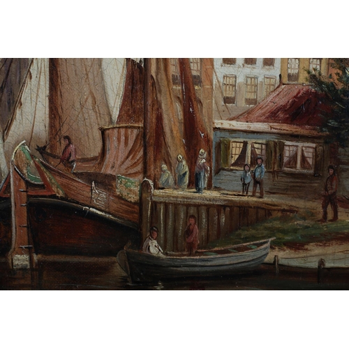 294 - AFTER J F HULK (1829-1911) Dutch town scenes, a pair, fishing boats moored beside a jetty and street... 