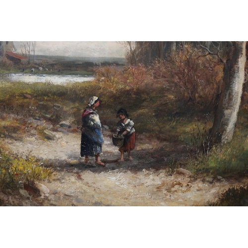 296 - ABRAHAM HULK JNR (1851-1922) Country pathway beside a cottage and stream with children gathering kin... 