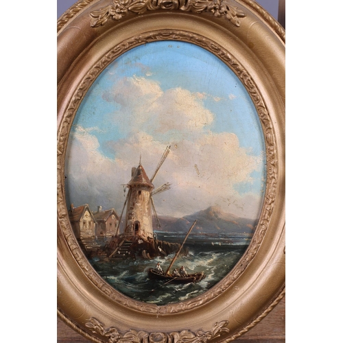 297 - FRENCH SCHOOL (19th Century), Coastal landscapes with harbourside windmill and small fishing boat; f... 