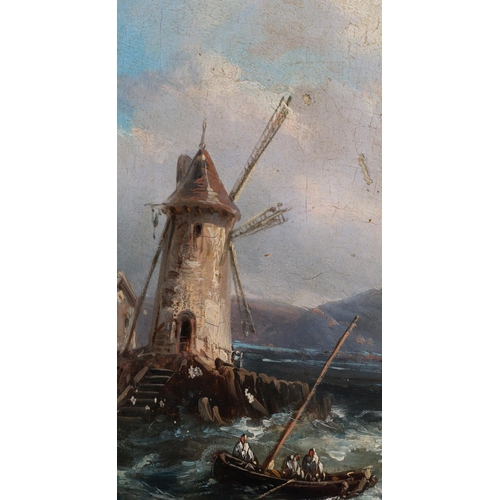 297 - FRENCH SCHOOL (19th Century), Coastal landscapes with harbourside windmill and small fishing boat; f... 