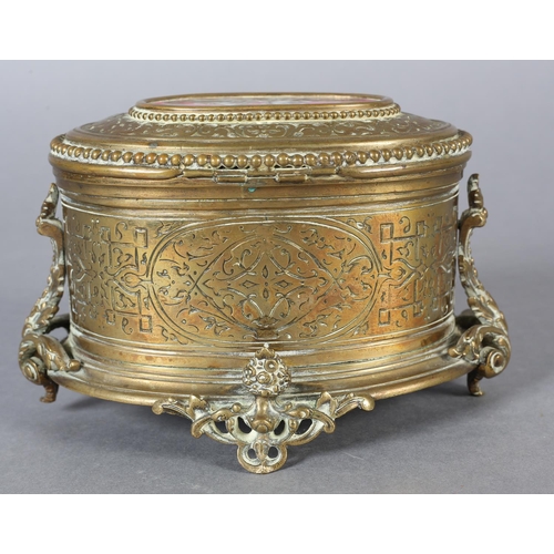 71 - A FRENCH TAHAN 19TH CENTURY ORMOLU AND ENAMEL CASKET of oval form, having enamel panels depicting ch... 