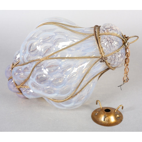 27 - A VENETIAN MURANO BLOWN GLASS LANTERN in metal banding, with ceiling rose, 28cm long