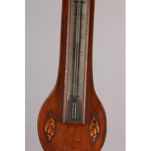 80 - AN EARLY 19TH CENTURY MAHOGANY BANJO BAROMETER - THERMOMETER by F. Bealaqua, having broken arch pedi... 