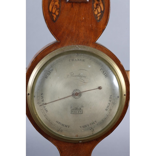 80 - AN EARLY 19TH CENTURY MAHOGANY BANJO BAROMETER - THERMOMETER by F. Bealaqua, having broken arch pedi... 