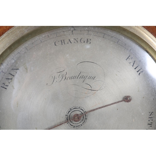 80 - AN EARLY 19TH CENTURY MAHOGANY BANJO BAROMETER - THERMOMETER by F. Bealaqua, having broken arch pedi... 