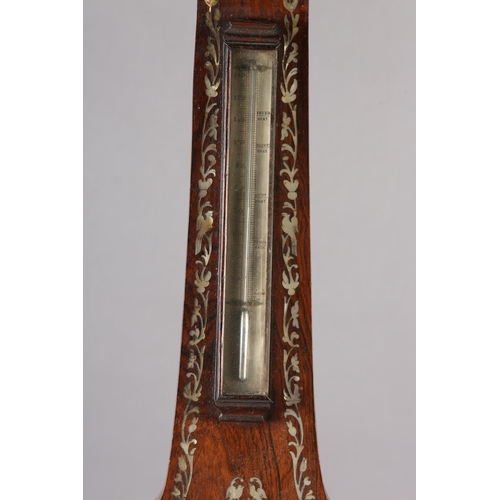 81 - A 19TH CENTURY ROSEWOOD WHEEL BAROMETER - THERMOMETER by G Hillinger, Ely, inlaid with mother of pea... 