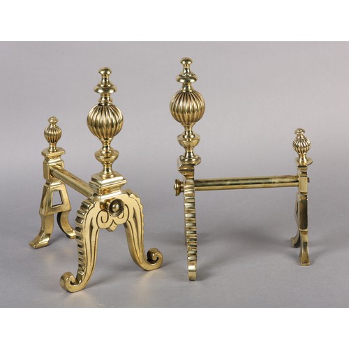 51 - A PAIR OF VICTORIAN BRASS FIREDOGS, each having a reeded ball and baluster upright, on frilled and s... 