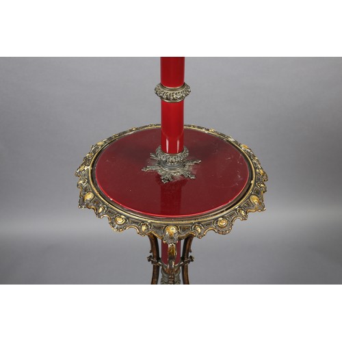 384 - A LATE 19TH CENTURY CAST GILT METAL AND MAROON POTTERY STANDARD LAMP with circular tier and telescop... 