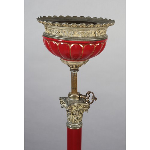 384 - A LATE 19TH CENTURY CAST GILT METAL AND MAROON POTTERY STANDARD LAMP with circular tier and telescop... 