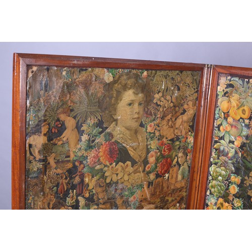 398 - VICTORIAN MAHOGANY AND ELM THREE FOLD SCRAP SCREEN, decoupaged with chromolithographed images, 153cm... 