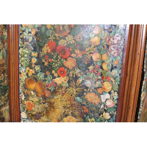 398 - VICTORIAN MAHOGANY AND ELM THREE FOLD SCRAP SCREEN, decoupaged with chromolithographed images, 153cm... 