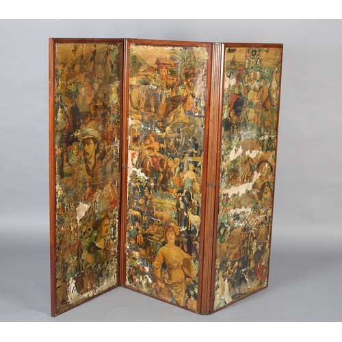 398 - VICTORIAN MAHOGANY AND ELM THREE FOLD SCRAP SCREEN, decoupaged with chromolithographed images, 153cm... 