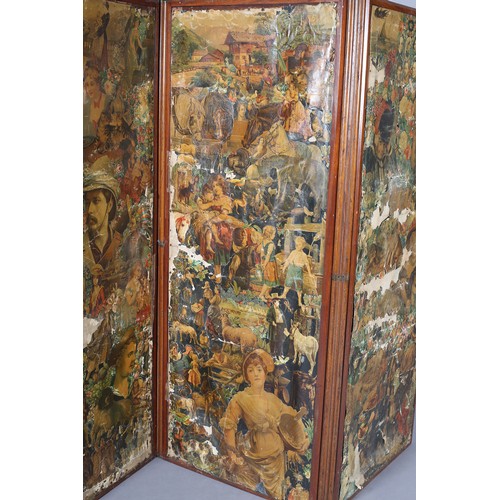 398 - VICTORIAN MAHOGANY AND ELM THREE FOLD SCRAP SCREEN, decoupaged with chromolithographed images, 153cm... 