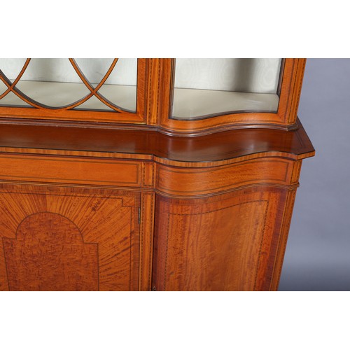 367 - EDWARD VII MAHOGANY INVERTED BREAKFRONT DISPLAY CABINET having moulded cornice over a deep frieze, a... 