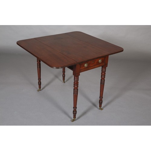 395 - A MID-VICTORIAN MAHOGANY PEMBROKE TABLE, having twin rectangular drop leaves, drawer to the apron an... 