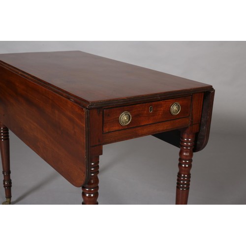 395 - A MID-VICTORIAN MAHOGANY PEMBROKE TABLE, having twin rectangular drop leaves, drawer to the apron an... 