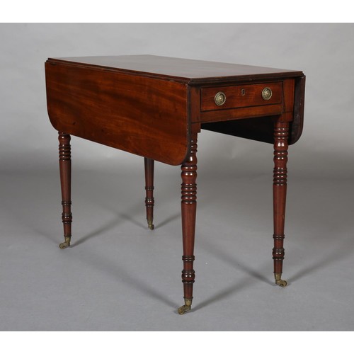 395 - A MID-VICTORIAN MAHOGANY PEMBROKE TABLE, having twin rectangular drop leaves, drawer to the apron an... 