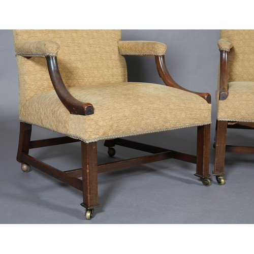 371 - A PAIR OF 18TH CENTURY OR LATER MAHOGANY GAINSBOROUGH CHAIRS on square framing with front brass squa... 