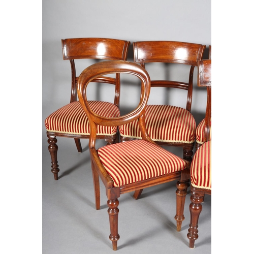 408 - A SET OF SIX VICTORIAN MAHOGANY DINING CHAIRS, each having a bar top rail, upholstered seat on turne... 