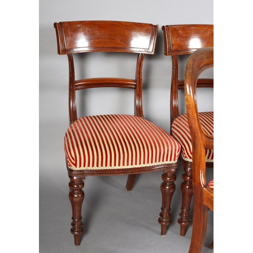 408 - A SET OF SIX VICTORIAN MAHOGANY DINING CHAIRS, each having a bar top rail, upholstered seat on turne... 