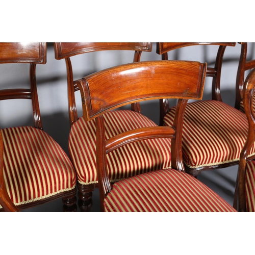 408 - A SET OF SIX VICTORIAN MAHOGANY DINING CHAIRS, each having a bar top rail, upholstered seat on turne... 