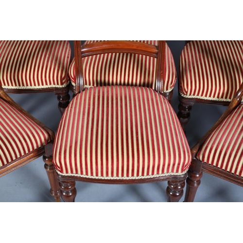 408 - A SET OF SIX VICTORIAN MAHOGANY DINING CHAIRS, each having a bar top rail, upholstered seat on turne... 