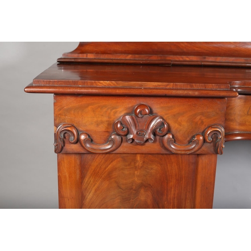 409 - A VICTORIAN FIGURED MAHOGANY PEDESTAL SIDEBOARD, the raised back with carved shell foliate and C-scr... 