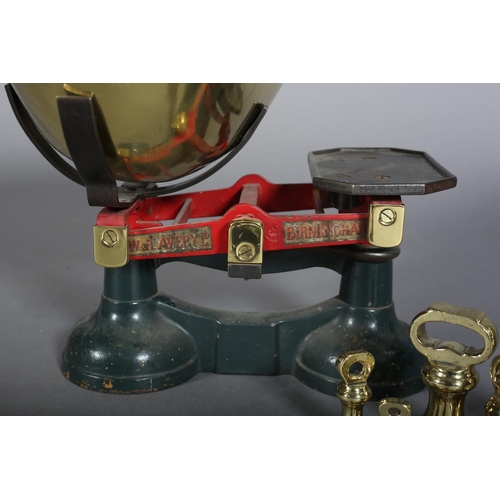 55B - A PAIR OF VICTORIAN BRASS AND ENAMELLED WEIGHING SCALES AND WEIGHTS, by W&T Avery Ltd, Birmingham, l... 