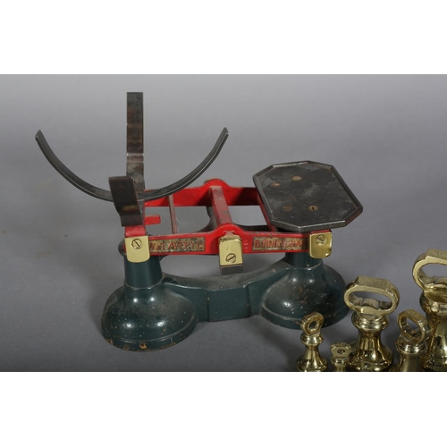 55B - A PAIR OF VICTORIAN BRASS AND ENAMELLED WEIGHING SCALES AND WEIGHTS, by W&T Avery Ltd, Birmingham, l... 