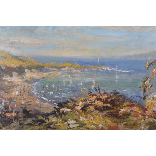 44 - Mid 20th Century European, Coastal landscape with sailing dinghies in a bay, oil on board, indistinc... 