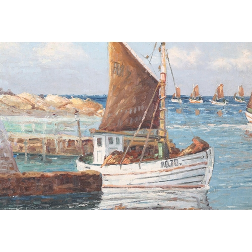 49 - J*ue (Mid-20th century), Danish, Danish coastal scene with fishing boats heading out to sea, oil on ... 