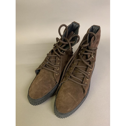 303 - A pair of Tods brown suede army ankle boots, raised soles, front lacing, size 38, ribbed sides to th... 