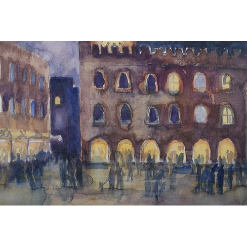 73 - ARR Ina Pickard (Contemporary), Piazza Maggiore, evening with figures, watercolour over pencil, init... 