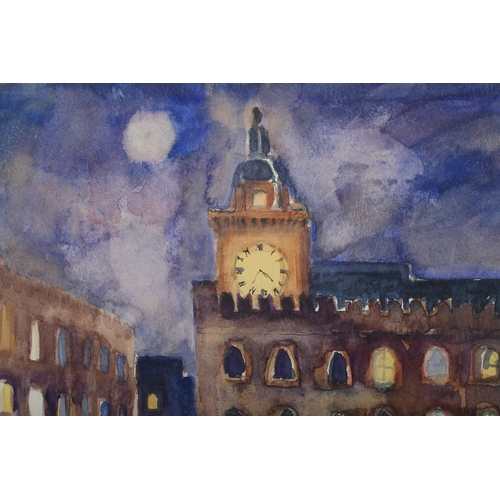 73 - ARR Ina Pickard (Contemporary), Piazza Maggiore, evening with figures, watercolour over pencil, init... 