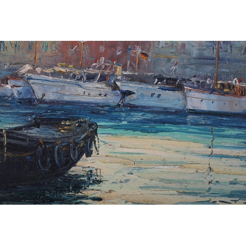 28 - ARR Julian Porisse, (French b.1927), St Tropez, moored yachts from the water, oil on canvas, signed,... 