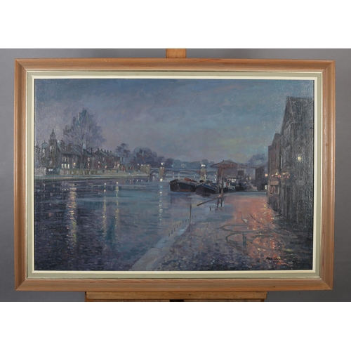 50 - ARR Alan Stanle (20th century), The Thames at night with moored barges and bankside houses, oil on c... 