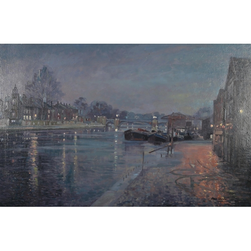 50 - ARR Alan Stanle (20th century), The Thames at night with moored barges and bankside houses, oil on c... 