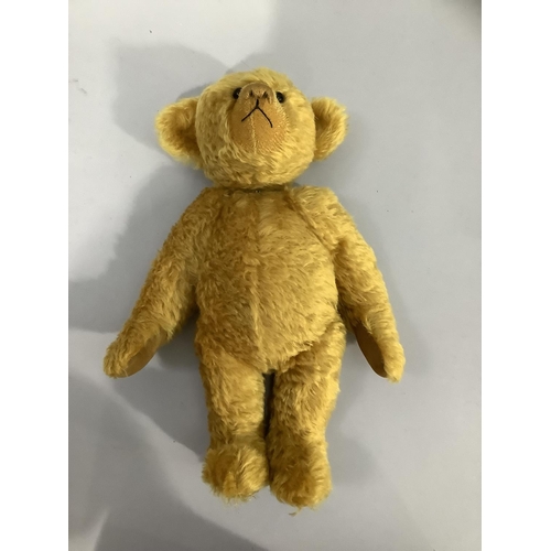 27 - A golden plush bear with hump back and centre seam, boot button eyes, stitched snout, jointed body a... 