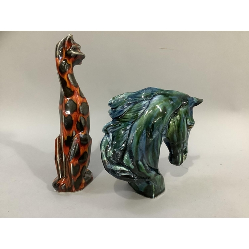 30 - A model of a horses head with blue glaze by Anita Harris together with a stylised cat figure, larges... 