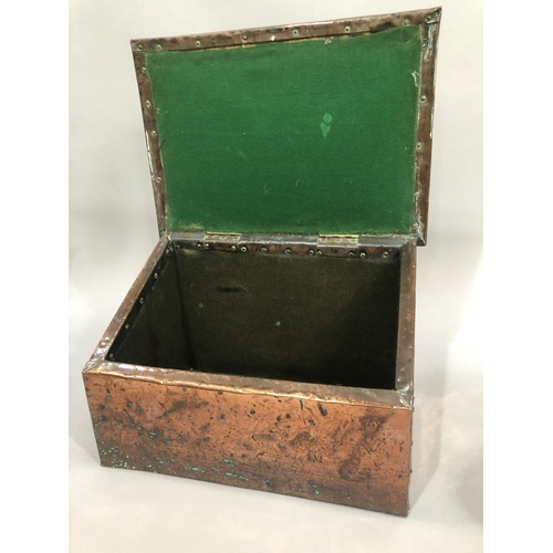 32 - Copper Art Nouveau style slipper box, having a planished surface, the hinged lid bearing 'where they... 