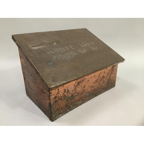 32 - Copper Art Nouveau style slipper box, having a planished surface, the hinged lid bearing 'where they... 