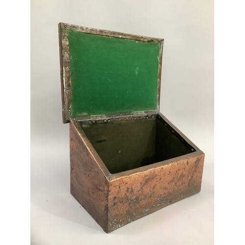 32 - Copper Art Nouveau style slipper box, having a planished surface, the hinged lid bearing 'where they... 