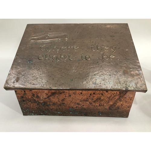 32 - Copper Art Nouveau style slipper box, having a planished surface, the hinged lid bearing 'where they... 