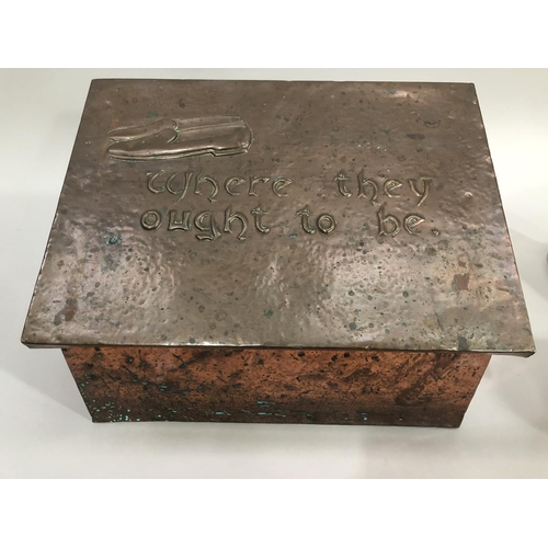 32 - Copper Art Nouveau style slipper box, having a planished surface, the hinged lid bearing 'where they... 