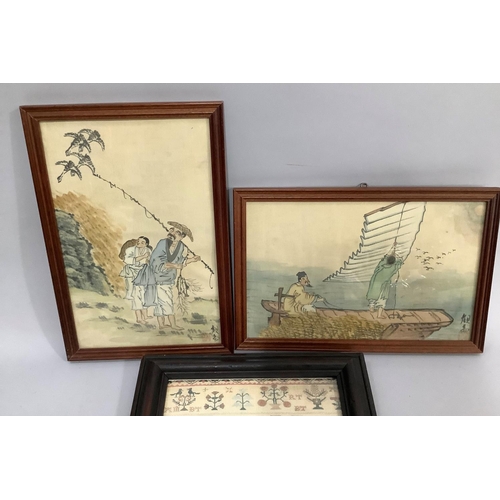 210 - Two Chinese on silk paintings of fishermen, one in a boat casting a net and the other with a rod, si... 