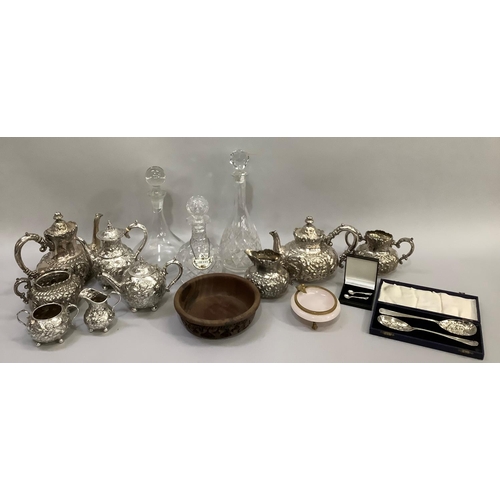 178 - Three cut glass decanters together with silver plated tea and coffee set, moulded with flowers compr... 