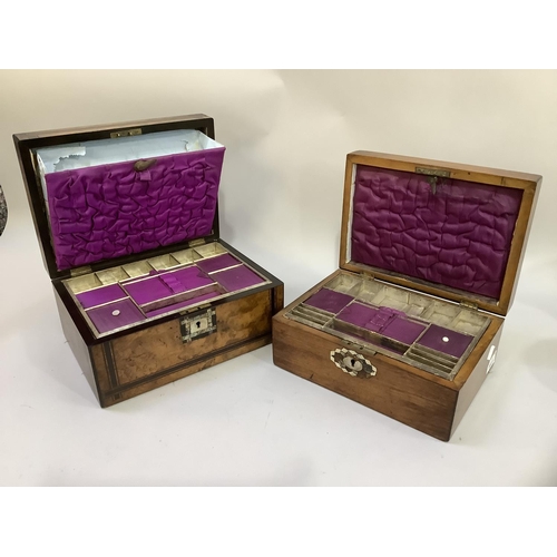 198B - A Victorian figured walnut and ebony banded work box inlaid with a mother-of-pearl cartouche and esc... 